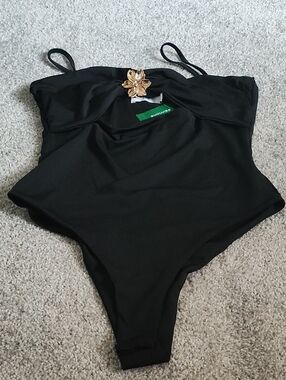 Simons Black One-Piece Swimsuit with Green Tag